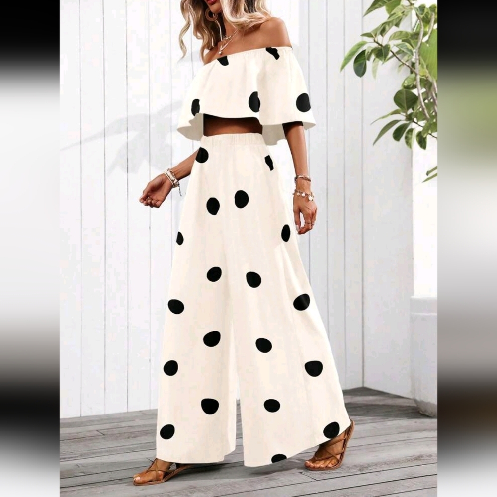 Clasi Off-The-Shoulder Polka Dot Print 2 Pieces Set (Asymmetric Floral Cut - Picture 5 of 5